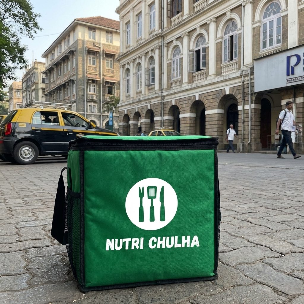 NutriChulha green delivery bag on a Mumbai street, with a kaali-peeli taxi in the background