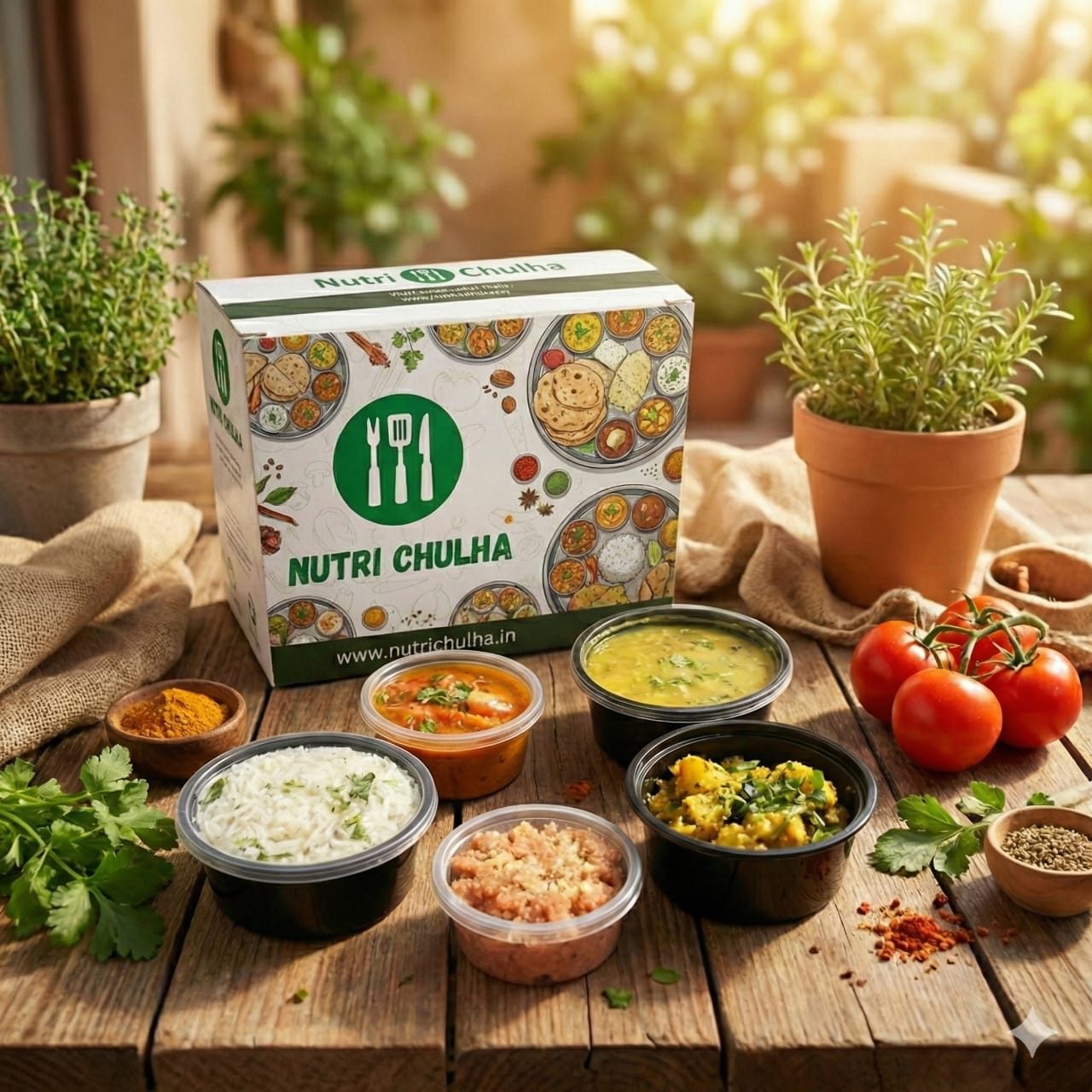 NutriChulha home-style tiffin box laid out with dal, rice, sabzi and roti on a wooden table