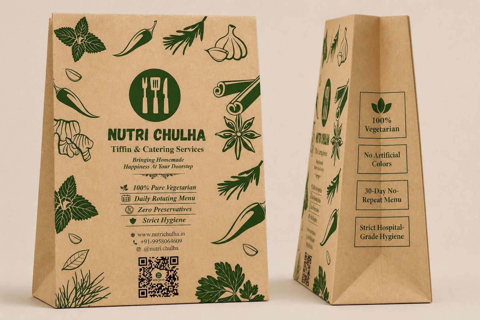 NutriChulha kraft paper packaging bag printed with 100% vegetarian, zero preservatives and hygiene promises